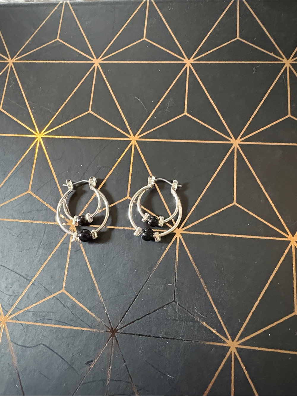 Sterling Silver Hoop Earrings with Black Stone Accent